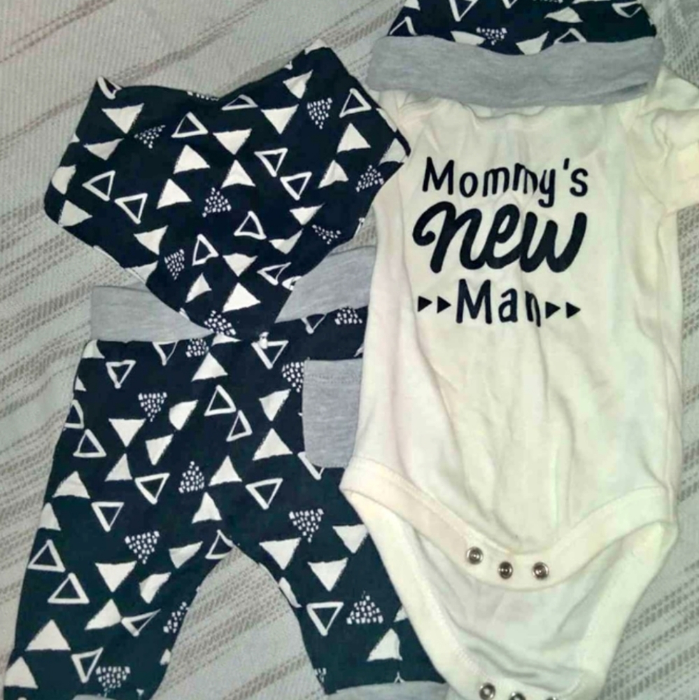 Mommy's new man outfit comes with bib and hat